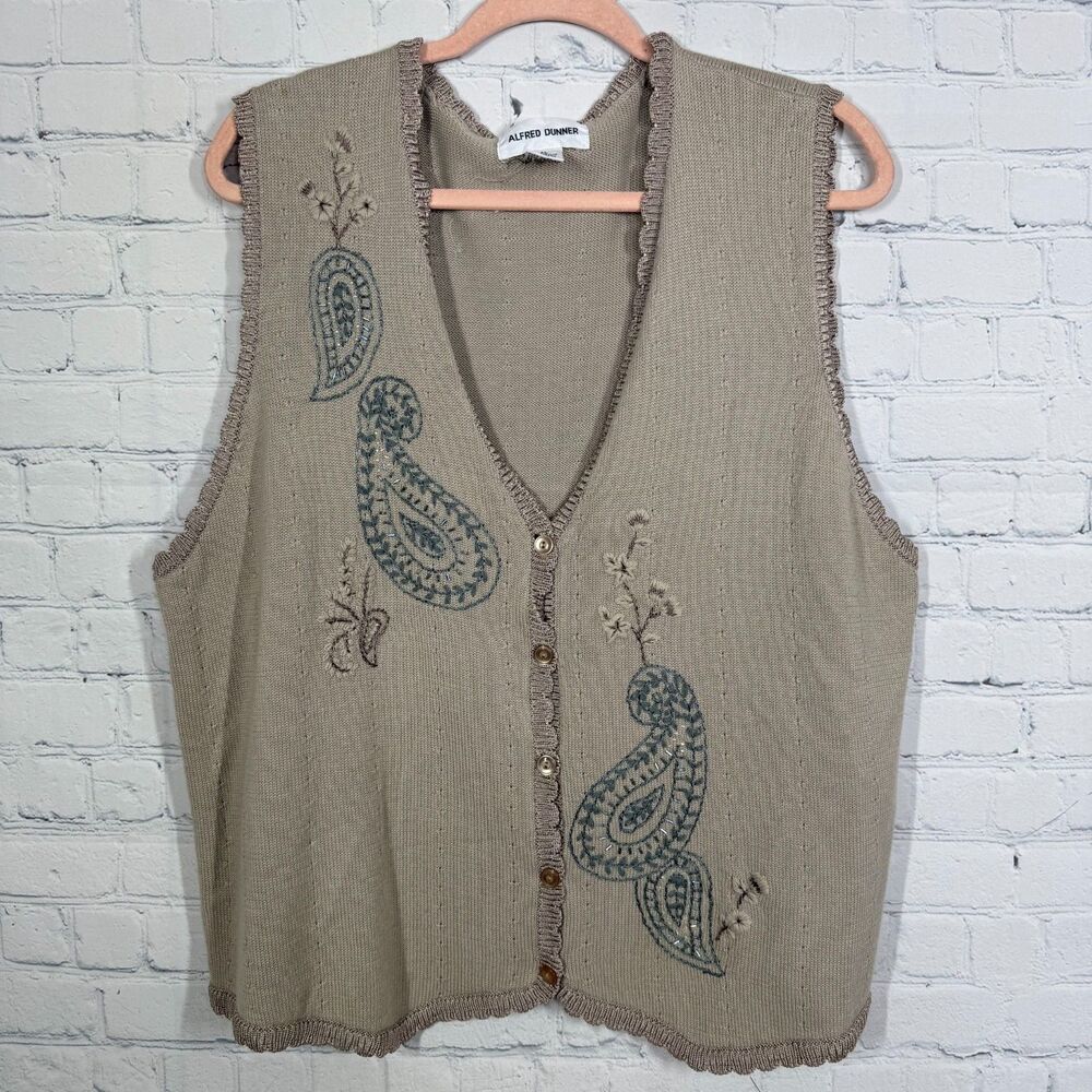 VTG Alfred Dunner Sweater Vest XL White Embroidered Beaded Cottage Granny Chic